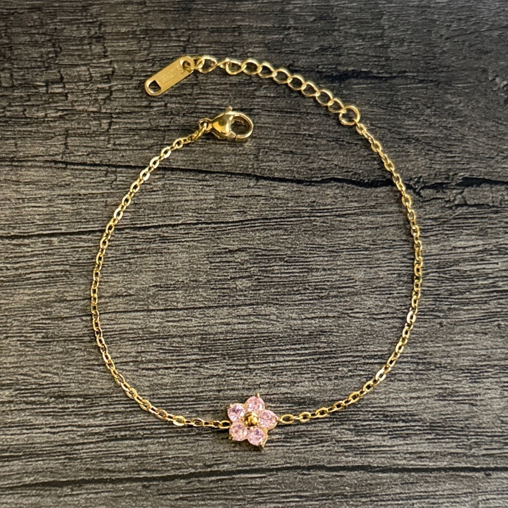 Gold plated stainless steel pink flower bracelet
